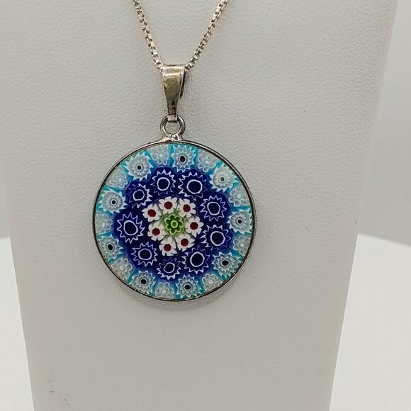 unbranded Jewelry - Italian Millefiori Glass Pendant in Sterling Silver on a 20-inch Box Chain